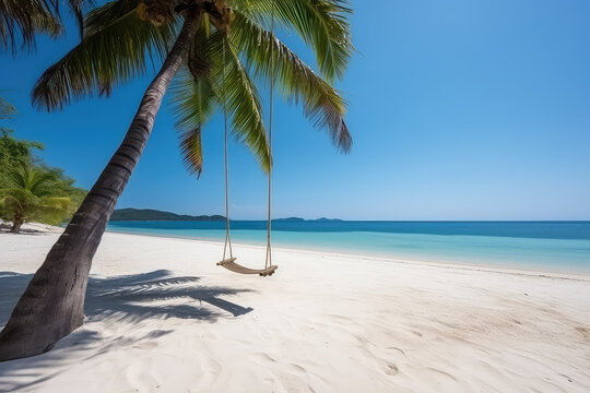 Exotic composition. Simple swing hangs from palm tree on background of ocean shore, white sand beach, clear water and blue summer sky. Generative AI professional photo imitation.