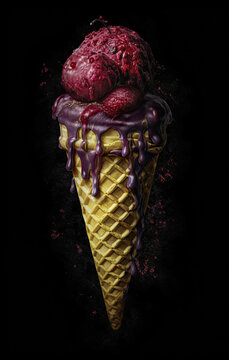 an ice cream cone with pink and purple swirled over it, on a black background that appears to the viewer