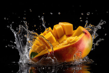 Fototapeta na wymiar Delicious ripe cubes of orange mango in bursts of clear water. Shot in motion, splashes of water isolated against a black background. Generative AI professional photo imitation.