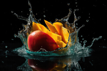 Fototapeta na wymiar A delicious ripe cut orange mango in bursts of clear water. Shot in motion, splashes and drops of water isolated against a black background. Generative AI professional photo imitation.