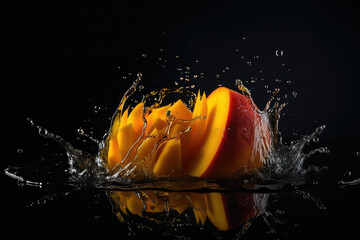 A delicious ripe cut orange mango in bursts of clear water. Shot in motion, splashes of water isolated on flat black background. Generative AI professional photo imitation.