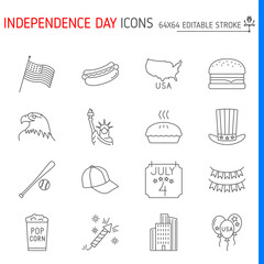 Independence day icon line set, holiday vector collection, logo illustrations, independence day vector icons, outline style pictogram pack, editable stroke icons.
