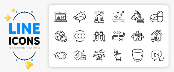 Sound check, Touchscreen gesture and Quick tips line icons set for app include Yoga, Methodology, Clean skin outline thin icon. English, Star, Drone pictogram icon. Change money. Vector