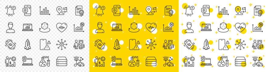 Outline Headshot, Employees wealth and Online statistics line icons pack for web with Heartbeat, Phone warning, Computer fingerprint line icon. Smile, Money profit. Yellow design with 3d stars. Vector