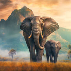 elephant mother and baby on a nature with mountains