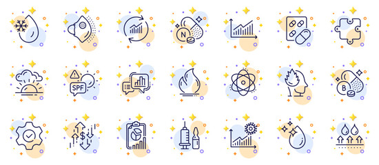 Outline set of Water drop, Graph chart and Report line icons for web app. Include Update data, Execute, Graph pictogram icons. Vitamin n, Fire energy, Stress signs. Spf protection. Vector