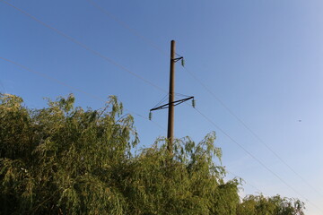 A telephone pole with wires