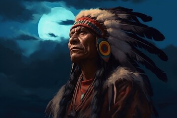 Portrait of Old American Indian Apache on Night Moon Sky Generative AI
