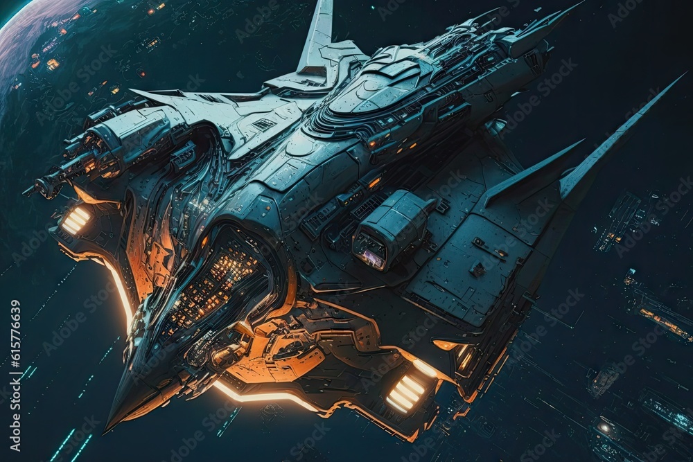 Poster cyber punk spaceship seen from above. glorious generative ai.