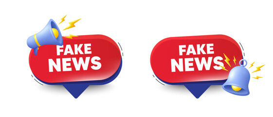 Fake news tag. Speech bubbles with 3d bell, megaphone. Media newspaper sign. Daily information symbol. Fake news chat speech message. Red offer talk box. Vector