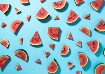 .Sliced watermelon on a blue background, healthy and refreshing summer food. Generative AI