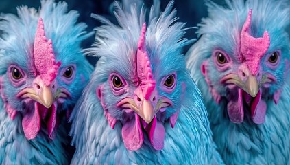Fototapeta premium A charming group of chickens with bright blue feathers, taking a selfie. Generative AI.
