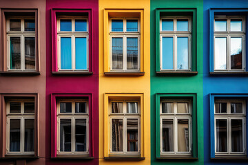 Modern facade of the building with colorful rainbow windows. Front view of the house with colored windows. Creative architectural wallpaper. Generative AI photo imitation. - obrazy, fototapety, plakaty