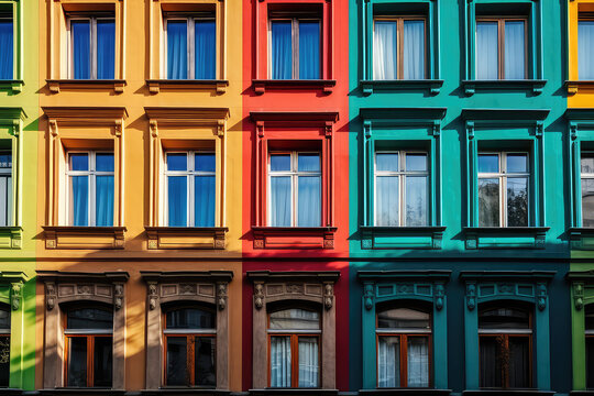 The facade of the building with colorful rainbow windows and doors. Front view of the house with colored windows. Creative architectural wallpaper. Generative AI photo imitation.