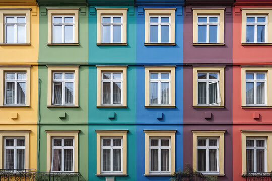 Pretty facade of the building with colorful rainbow windows. Front view of the house with colored windows. Creative architectural wallpaper. Generative AI photo imitation.