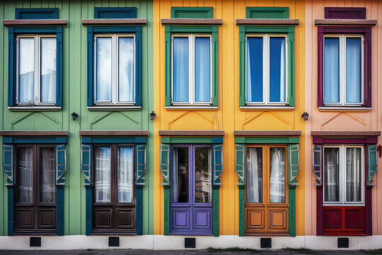 Vintage facade of the building with colorful rainbow windows. Front view of the house with colored windows. Creative architectural wallpaper. Generative AI photo imitation.