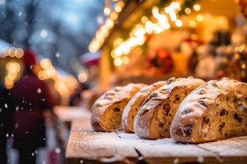 German Stollen, the delicious fruit bread, rich with nuts, spices, and dried or candied fruit, its sugary dusting contrasting with the dark bread beneath, with a cheerful Christmas market