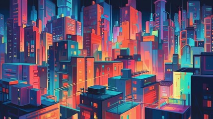 Bright lights night city background. Cartoon design illustration. Generative AI technology.