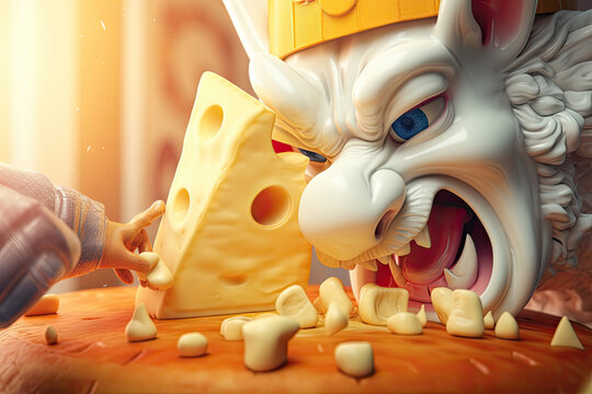 Cheese-eating character with a large piece of cheese. generative Ai.