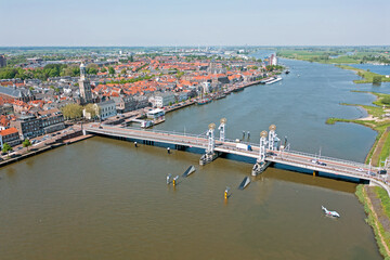 Aerial from the historical city Kampen at the river IJssel in the Netherlands