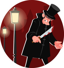  Jack the Ripper with knife in light of street lamps. Maniac with knife against background of city at night. Stock vector illustration