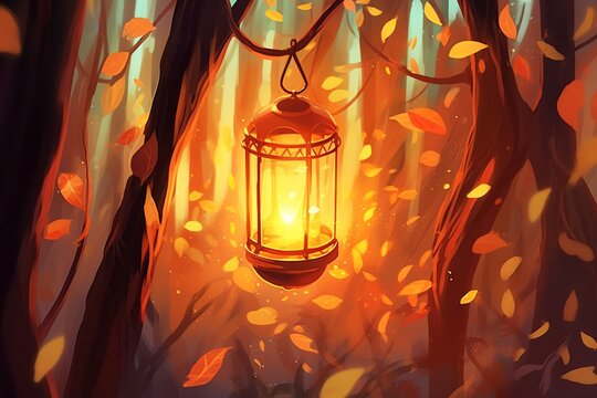 A magical glowing lantern suspended from a tree branc