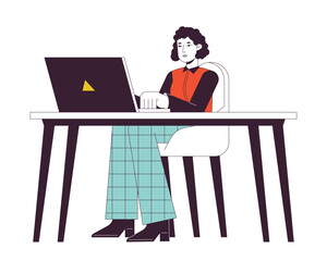 Female office worker sitting at desk with laptop flat line color vector character. Editable outline full body person on white. Freelancer woman simple cartoon spot illustration for web graphic design