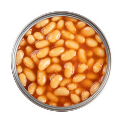 Canned baked beans in tomato sauce, in open can, from above. Dish made of white beans, cooked through a steam process. Convenience food, eaten hot or cold, served alongside barbecue foods and picnics.