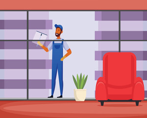 Vector of janitor cleaning hotel glass