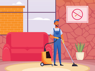 Vector illustration of professional cleaner cleaning dust in a hotel