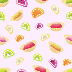 Seamless pattern with japanese mochi dessert. Bright mochi on a saucer. Mochi with different fillings. Vector illustration