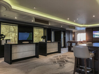Luxurious elegant bar, lounge or coffee shop in cozy living room interior design with sofas, arm...