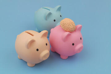 Piggy banks on blue background, one piggy bank with human brain as leader.