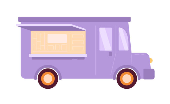 recommend clip art: Violet food truck flat semi flat colour vector object. Car for cooking and selling street food. Editable cartoon clip art icon on white background. Simple spot illustration for web graphic design