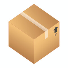 Box package with transparent tape on top and up arrow icon in vector design flat illustration isolated ready to use free editable in brown color perfect for delivery business or asset element Mystery