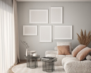 Mockup poster frame on the wall of living room. Luxurious apartment background with contemporary design. Modern interior design. 3D render, 3D illustration