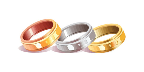Gold, silver and copper ring flat cartoon isolated on white background. Vector illustration