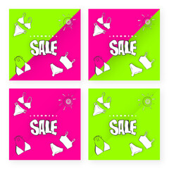 Bright juicy neon BIKINI SUMMER SALE banner for social media. Summer sale offer sign. Bright juicy neon simple stylish vector banner