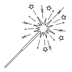 Sparkler. Sketch. Pyrotechnics. Vector illustration. Outline on isolated background. Doodle style. Coloring book. Sparks from a lit fire in the form of stars. A burning attribute for a festive event. 