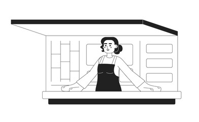 Woman inside food track monochromatic flat vector character. Editable thin line half body cheerful female waiting for orders on white. Simple bw cartoon spot image for web graphic design