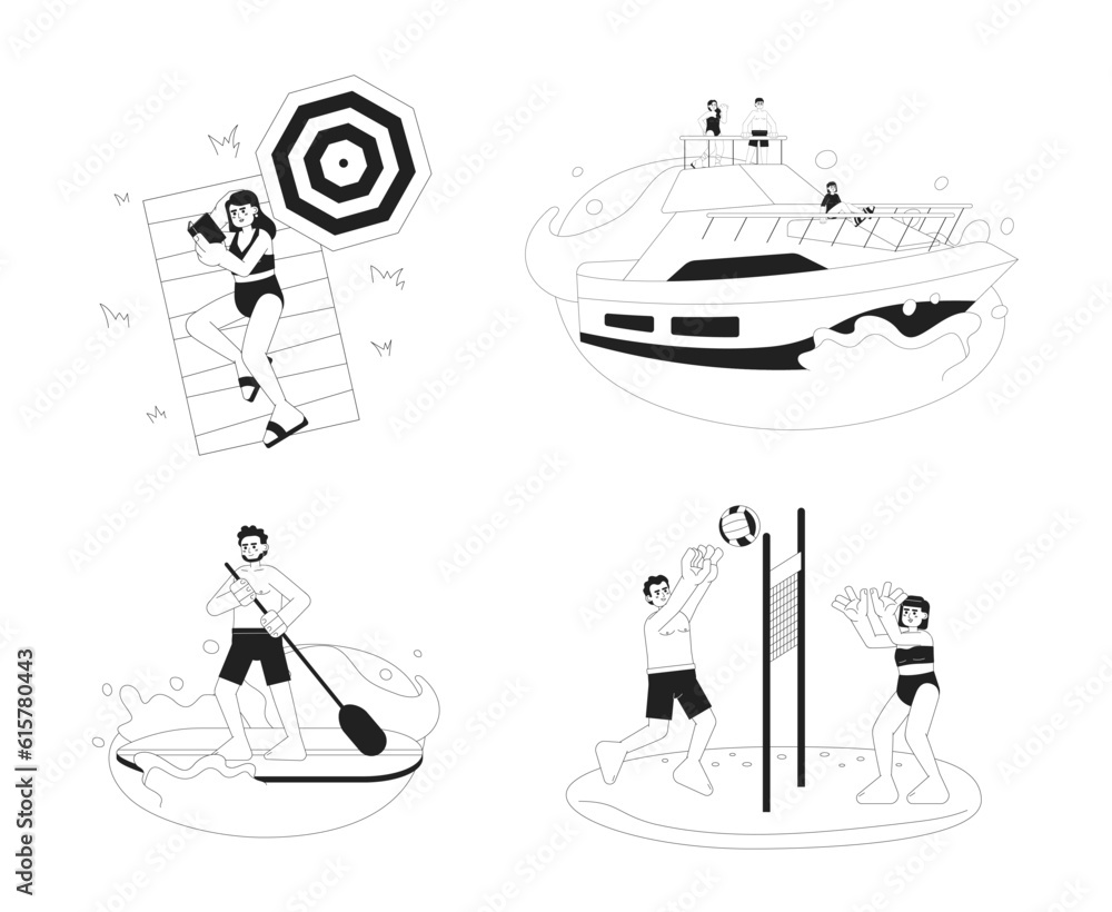 Poster enjoy summer break monochrome vector spot illustration set. 2d flat bw cartoon characters for web ui