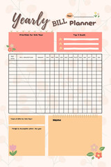 Yearly bill planner digital printable blank template insert