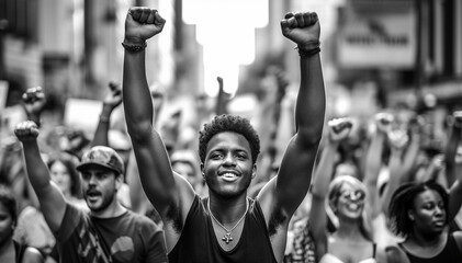 Black lives matter activist movement protesting against racism and fighting for equality Demonstrators from different cultures and race protest on street for justice and equal rights - obrazy, fototapety, plakaty