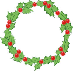 Abstract holly leaves with red berry wreath ornament for Christmas holiday festival, new year and winter seasonal.