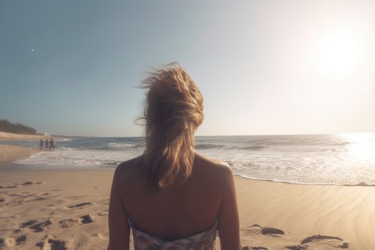 Back view, Woman on beach in summer by generative ai
