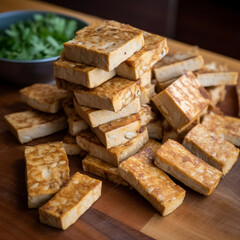 tempeh cut into squares on a cutting board