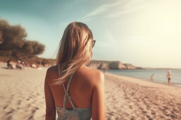 Back view, Woman on beach in summer by generative ai