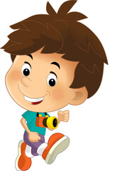 cartoon scene with young boy running with camera on his neck isolated illustration for children