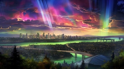 art illustration banner background panorama nature landscape with galaxy sky over urban cityscape, Generative Ai