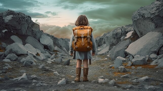 girl walking on dirt road to the mountain, Generative Ai